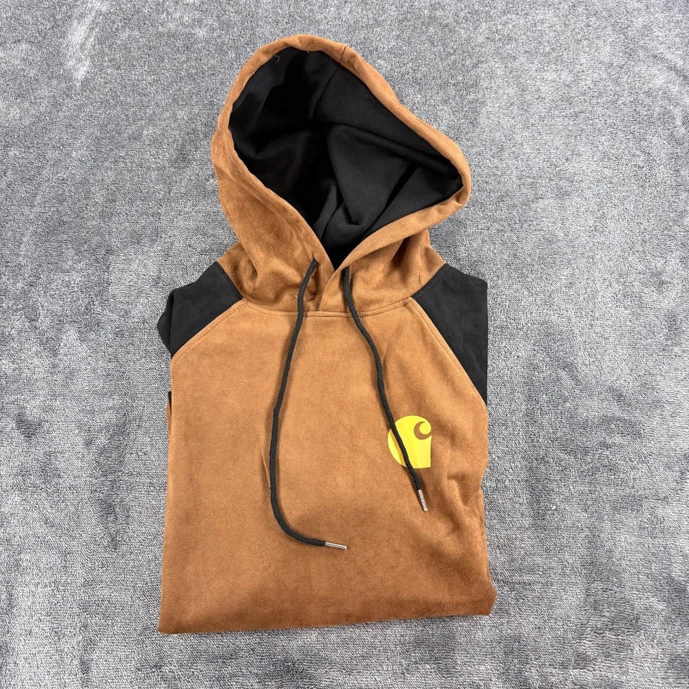 Carhartt Mens Brown Black Faux Suede Raglan Hoodie Graphic Sleeve Logo Small